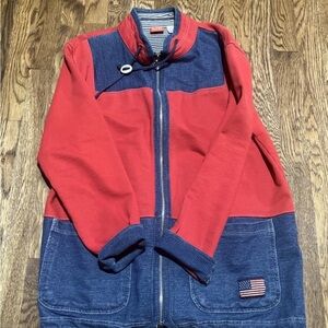 Liz Claiborne Women's Petite Full Zip.  Jacket Red & Front  Pockets U.S.A. Flag